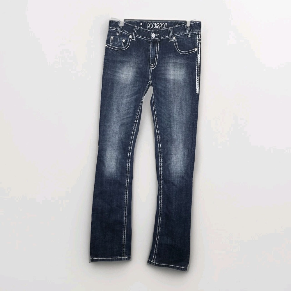 Rock & Roll Cowgirl Boyfriend Jeans Womens 26x36 Dark Wash Stretch Denim W2-3641